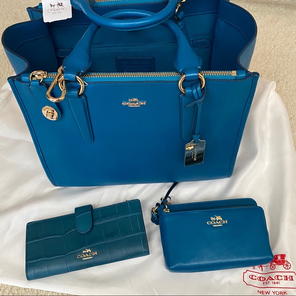 Turquoise Coach Structured Tote Shoulder Bag